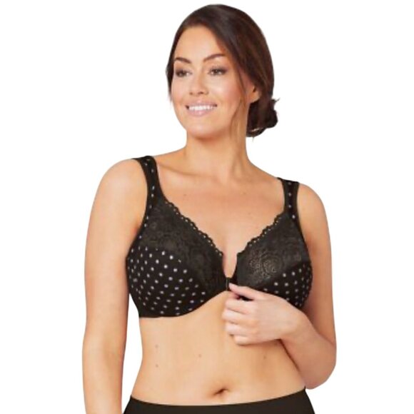 Glamorise Womens Polka Dot Lace Front-Closure Underwire Bra 48F Black/Lavander - Picture 1 of 9